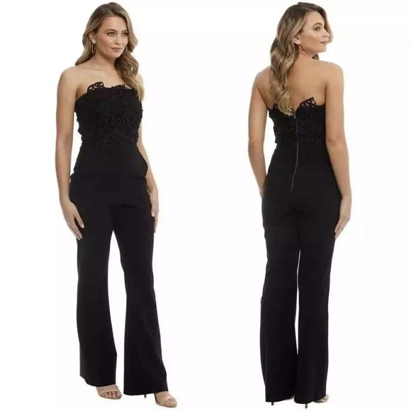 Rebecca Vallance Sophia Crepe 3D Lace Trim Strapless Jumpsuit Straight Leg Black - Picture 13 of 13